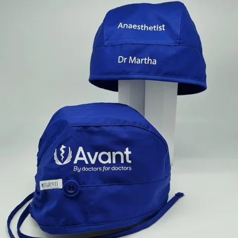 Personalised Blue Scrubs custom decorated with heat vinyl transfer.