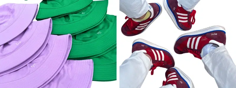 Custom bucket hats and red sneakers with names