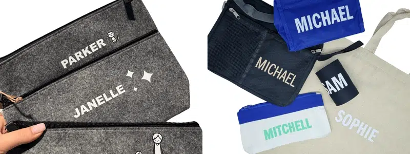Grey pouches and tote bags with printed names
