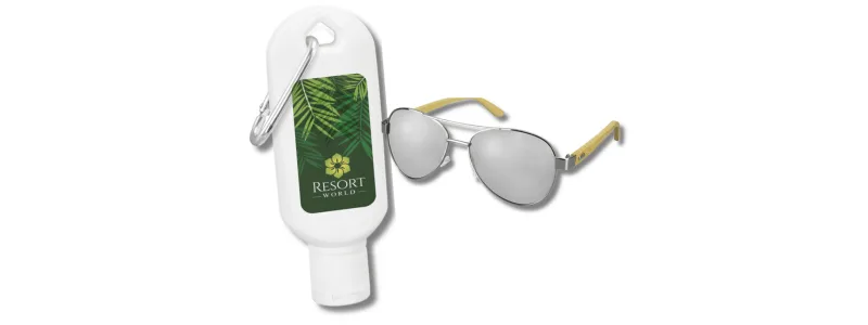 Promotional summer gift set with sunscreen and sunglasses