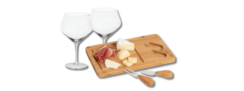 Custom wine glass and wooden cheese board branded gift set