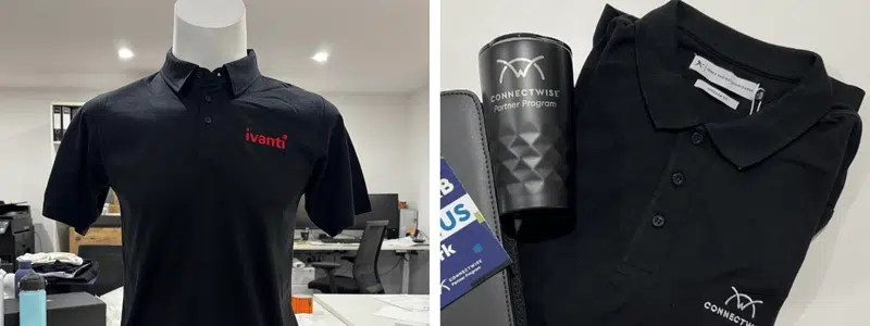 Embroidered corporate polos with ConnectWise and Ivanti branding.