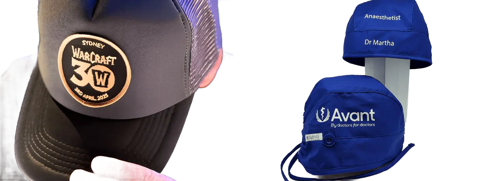 Custom branded caps – Warcraft event hat and Avant medical scrub caps.