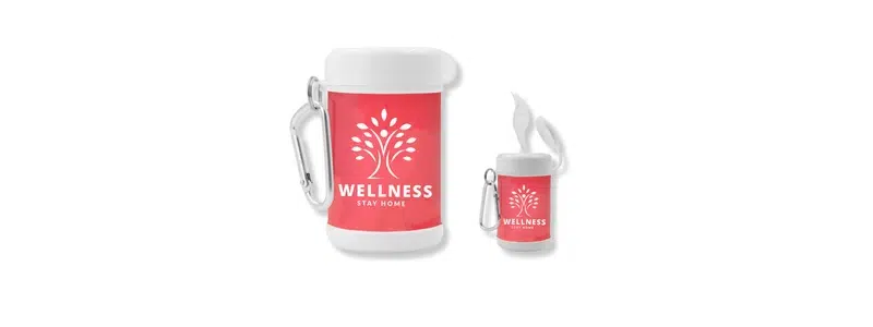 Mini antibacterial wipes canister with carabiner clip.