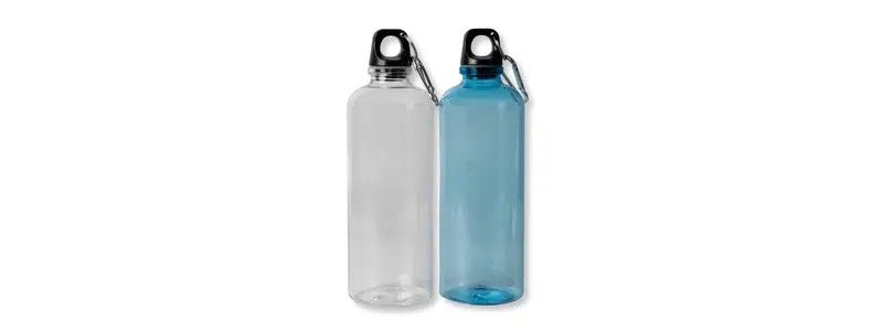Clear and blue drink bottles with carabiner attached to lid