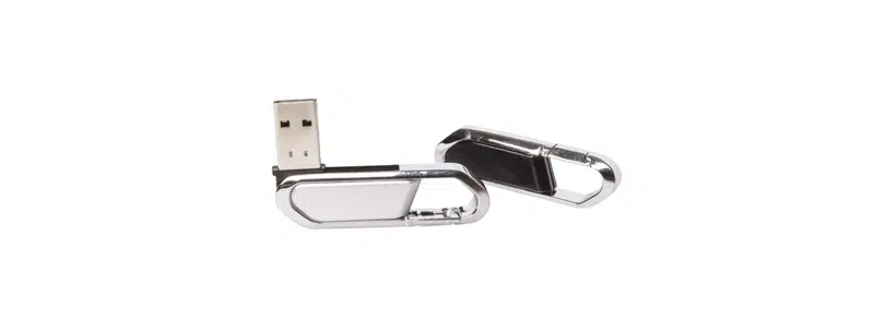 Metal carabiner-style USB flashdrive opened to show conne.