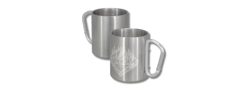 Stainless steel camping mug with carabiner handle