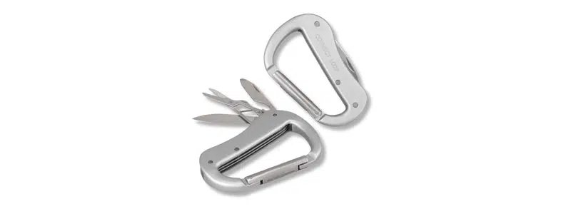 Silver carabiner multi-tool with foldable blades and tools.