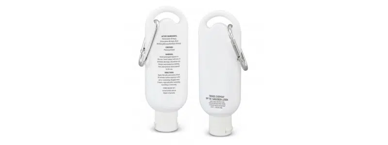 White clip-on sunscreen bottles with carabiner attached.