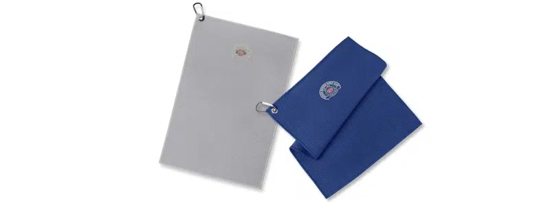 Microfibre sports towel with carabiner hook on corner.
