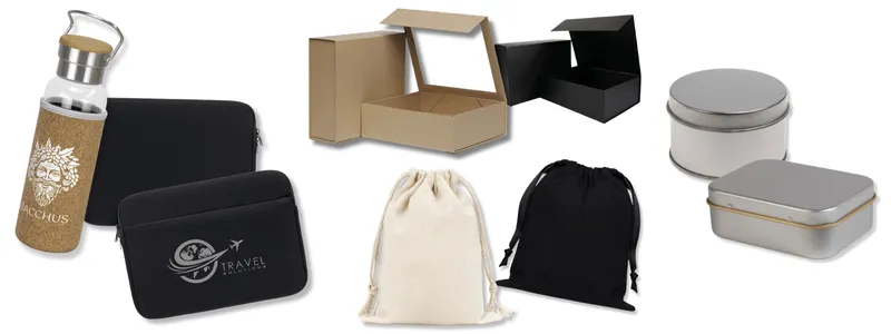 Various packaging options including boxes, tins, pouches, and bags.
