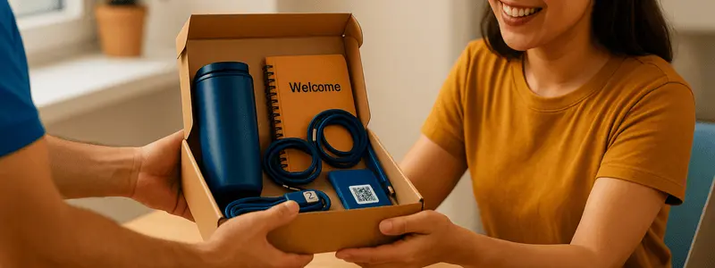Receiving onboarding merchandise kit of journal, cable charger, powerbank and journal.