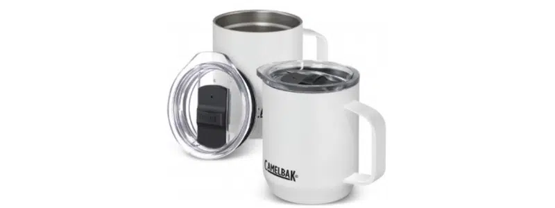 White CamelBak camp mug with clear lid