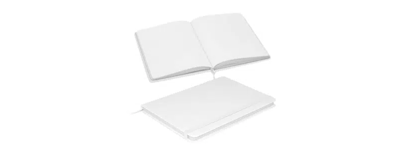 White unlined notebook shown open and closed