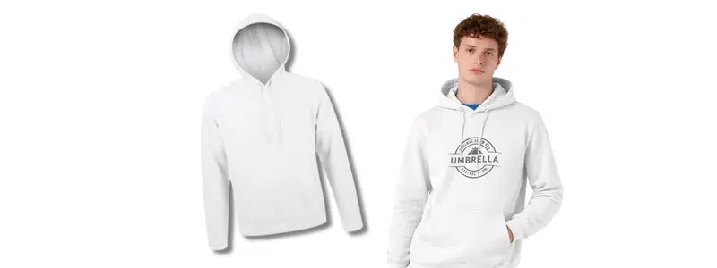 White hooded sweatshirt with front logo on model