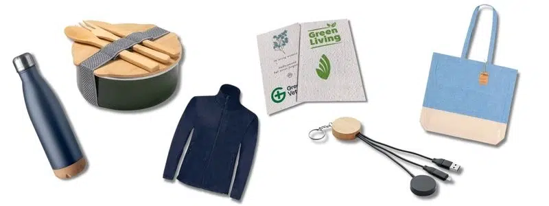 Sustainable merchandise collage with eco gift ideas