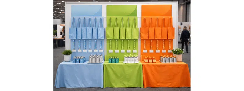 Promotional merchandise by colour used to create a cohesive event activation display