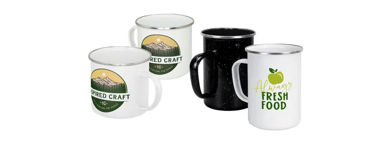Branded enamel mugs with classic outdoor aesthetic