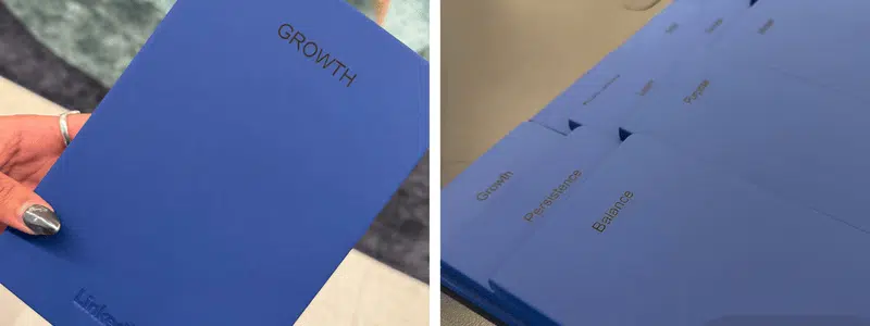 Engraved blue notebook with goals