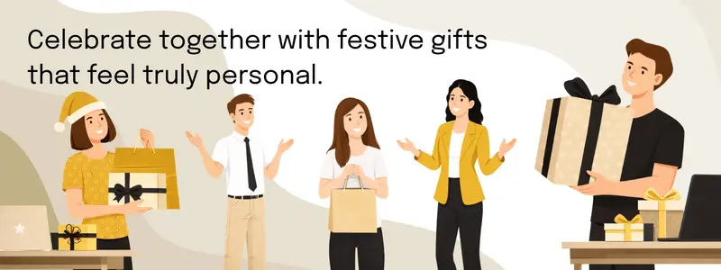 team exchanging festive corporate gifts