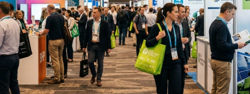 Australian trade show floor, visitors carrying branded lime green tote bags.