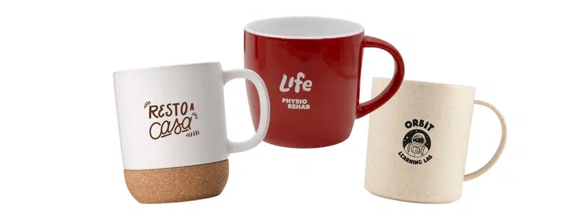Branded mugs as promotional drinkware for office desks staff packs and corporate gifting