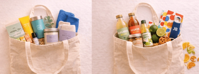 tote bag gift pack with lifestyle and snack items