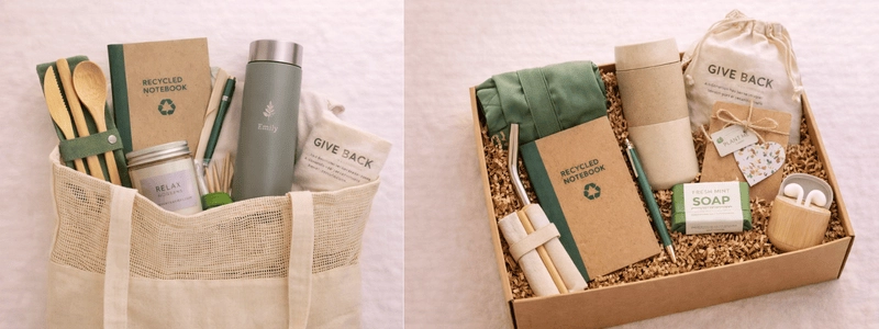 eco friendly gift pack with reusable items and notebook
