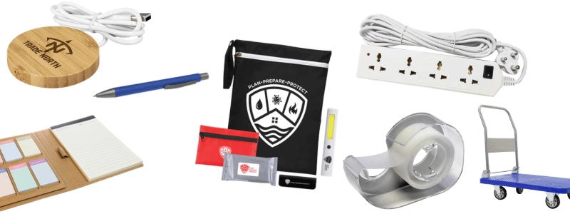 event planning essentials including notebook pen tape power board and folding dolly