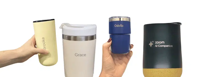 Reusable coffee cups as promotional drinkware for commuting teams and office use