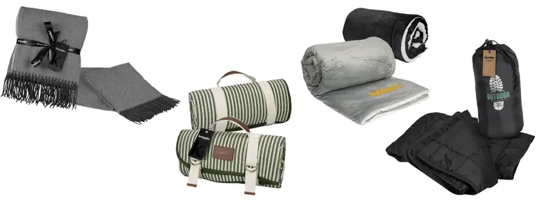 Branded blankets in assorted styles for promotional merchandise and corporate gifting