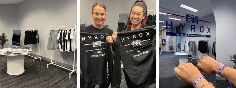 HYROX Sydney F45 branded merchandise activation with personalised apparel and event wristbands