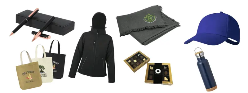 Smart winter merch choice featuring branded jackets, blankets, caps, bags, drinkware, writing instruments and food gifts.