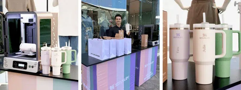 Stylerunner Stanley cup personalisation activation with engraved branded drinkware and retail display