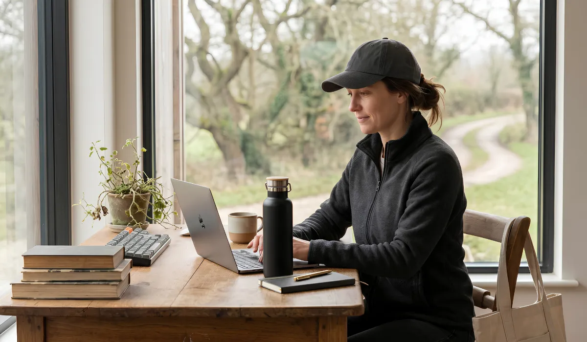 Woman wearing a branded fleece and cap while working, with a branded water bottle and tote nearby.