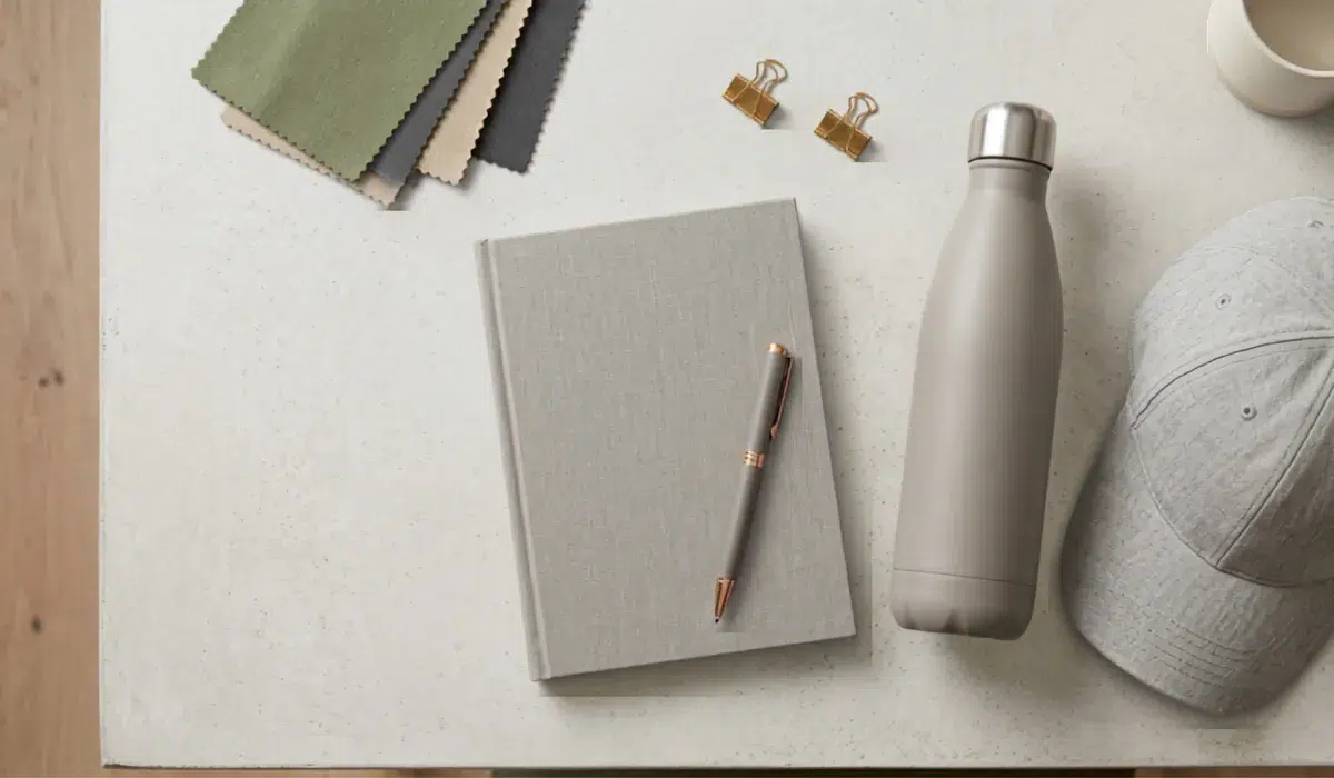 Branded merchandise being chosen for a campaign: notebook, pen, water bottle and cap on a desk.