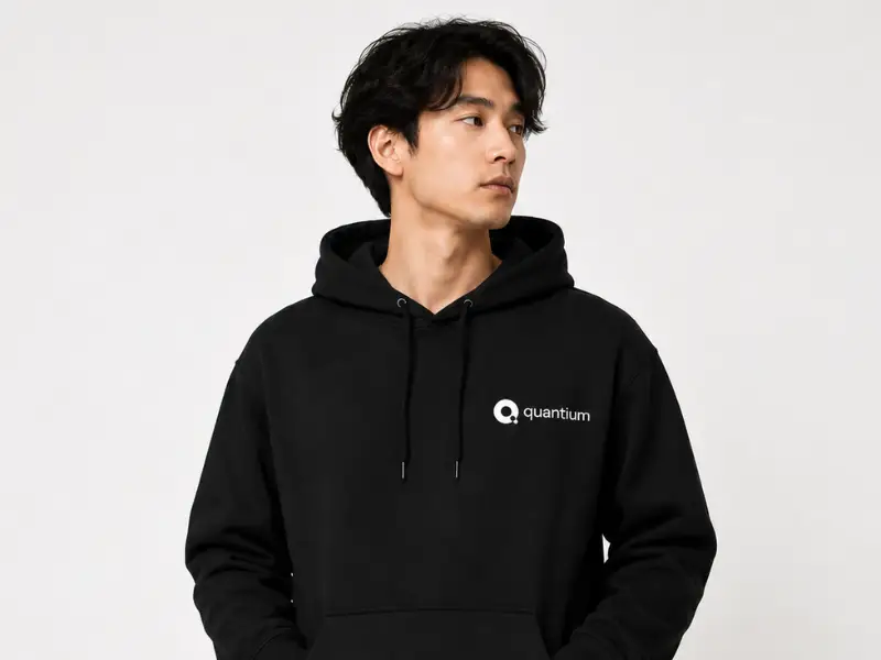 Man wearing a black Quantium-branded pullover hoodie with front pocket and drawstrings