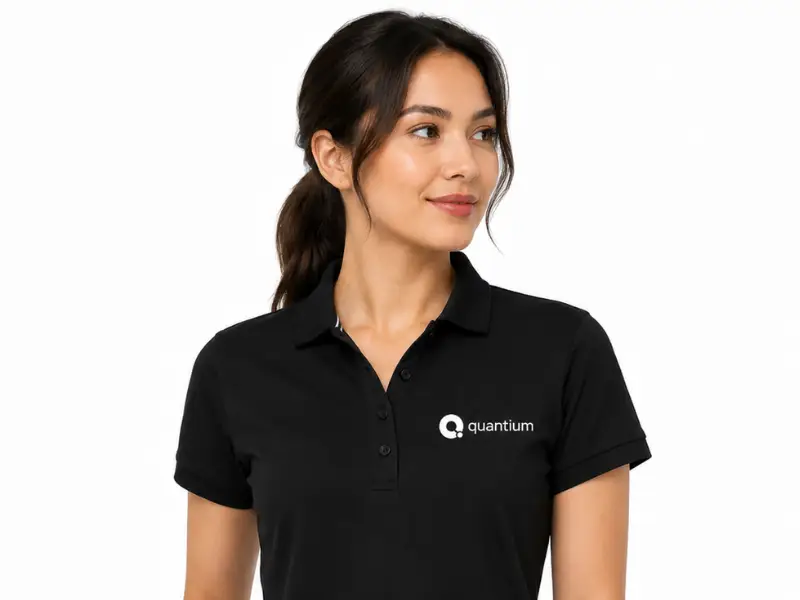 Woman wearing a black Quantium-branded polo shirt with the logo embroidered on the chest