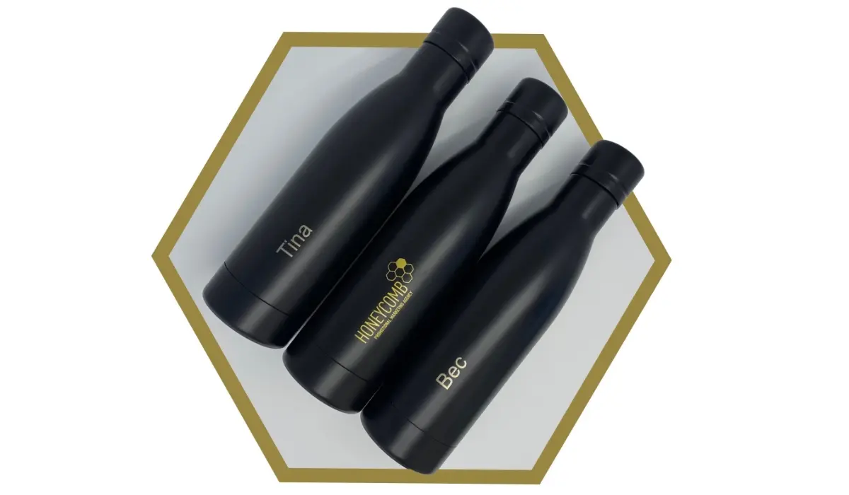 Matte black insulated water bottles with custom engraved names and logo