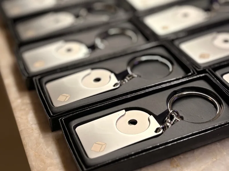 Charter Hall branded trolley keyrings presented in black gift boxes