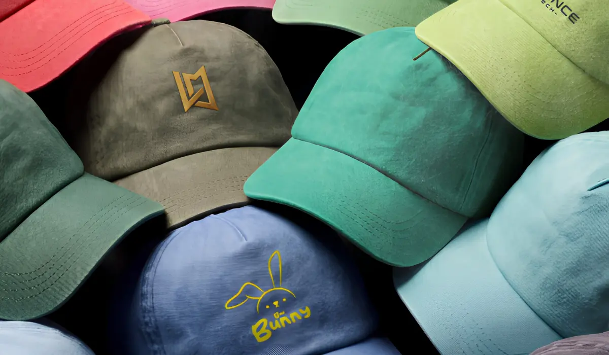 Stack of suede-look caps in red, khaki, teal, green and blue with embroidered brand logos
