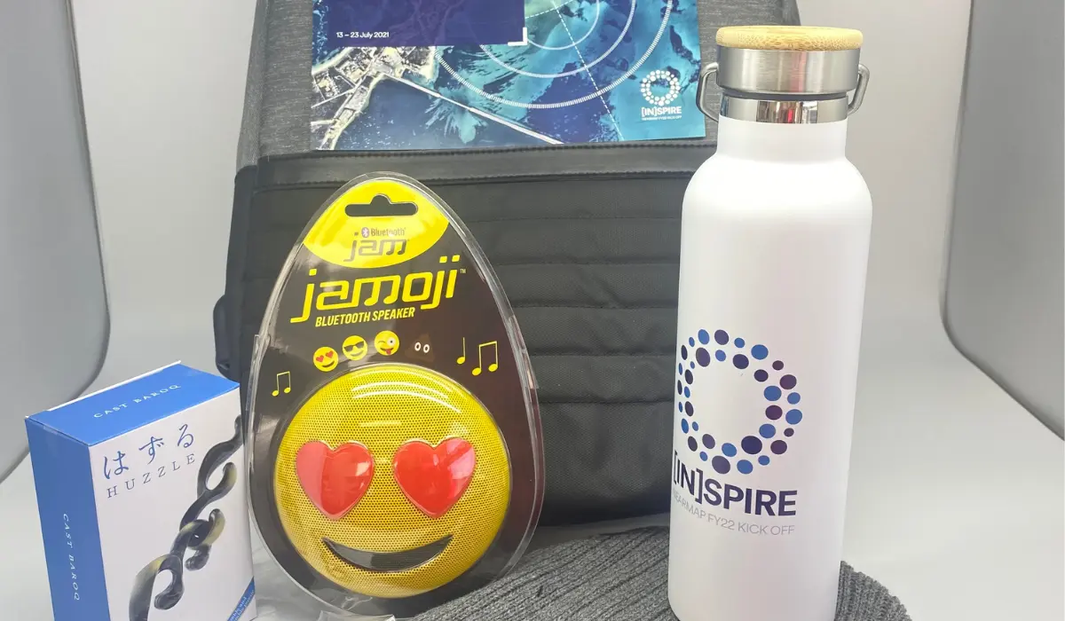 Branded corporate gifts with a logo drink bottle, backpack and novelty speaker