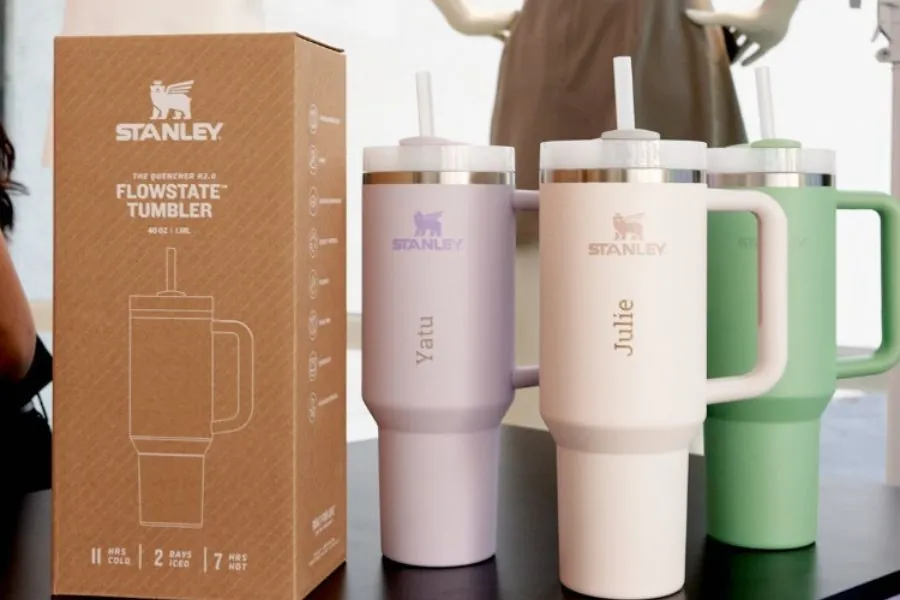 Stylerunner activation Flask Personalised Stanley tumblers engraved with names beside their packaging